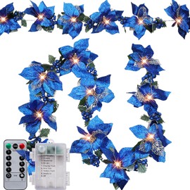 Zubebe 2 Pcs Prelit Poinsettia Christmas Garland with String Lights Glitter Holly Leaves Berries Remote Timer 8 Modes 6.5 ft Lighted Flower Garland Battery Operated Indoor Outdoor Decor(Blue)