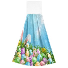 Easter Colorful Eggs Rabbit Kitchen Hanging Tie Towels Grass Hand Towel Home Decorative 2PCS Super Soft Absorbent WashCloth Tie Towels for Home Bathroom Farmhouse Housewarming Tabletop, 12x17Inches