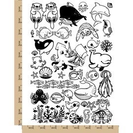 Adorable Fish Ocean Sea Creatures Temporary Tattoo Water Resistant Fake Body Art Set Collection - Black (One Sheet)