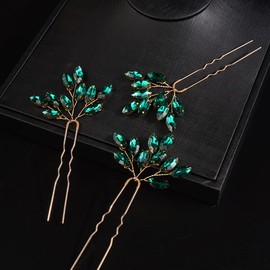 JWICOS Bridal Wedding Crystal Hair Pins Bride Hair Pieces Wedding Hair Accessories for Women and Girls Pack of 3 (Dark green)