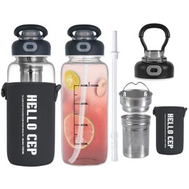 wangsdjy 34oz Glass Water Bottle with Straw, Infuser & Protective Sleeve, BPA-Free Large Capacity drinking bottles for Hot or Cold Drinks, Perfect for Gym, Home & Office (34oz 2PCS)