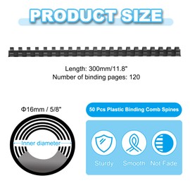 PATIKIL 16mm (5/8") Plastic Binding Combs, 50 Pcs 21 Rings Comb Binding Spines 120 Sheet Capacity Letter Size for Binding Paper Sheets Notebook Calendar Picture Album, Black