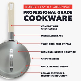 GreenPan x Bobby Flay 1.67QT Nonstick Saucepan with Glass Lid, PFAS-Free Diamond Ceramic, Induction Suitable, Stay-Cool Silicone Handle, Easy Clean Dishwasher & Oven Safe, Chef Pan, Cream