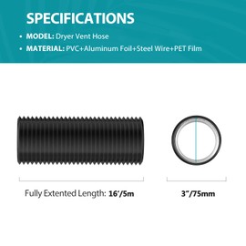 HG Power 3 Inch Air Ducting, 16 Feet Flexible Aluminum Dryer Vent Hose, Three Layer Protection Dryer Hose with 2 Clamps for HVAC Ventilation Heating Cooling Exhaust