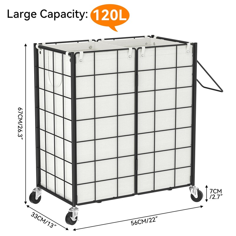 WOWLIVE Double Laundry Hamper with Wheels,Metal Wire Frame Rolling Laundry