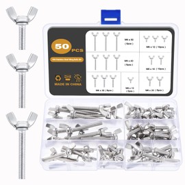Gueenky 50 Piece Wing Screws Set, M6 Wing Nuts Stainless Steel Butterfly Nut Thread Wing Nuts, 7 Sizes 10-50 mm Butterfly Screw Butterfly Wing Nuts Assortment