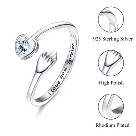 KALVICA 925 Sterling Silver Adjustable Hug Ring Anxiety Ring for Women Girls Daughter Engraved Embrace Love Ring Cubic Zirconia Beads Stress Relief Spinner Fidget Rings Gift