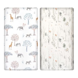 2 PCS Next to Me Crib Sheets, 100% Organic Cotton Cot Bed Sheets, Ultra Soft Bedside Crib Fitted Sheets Breathable Bassinet Sheets Cover for Bedside Cribs up to 82 X 41cm, Forest & Animals