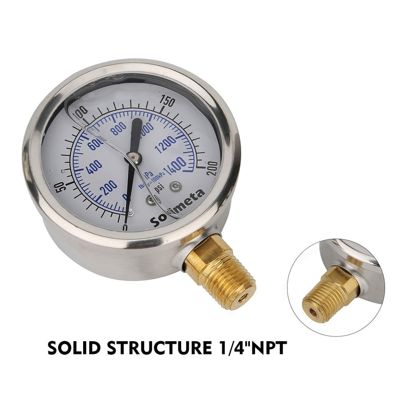 Solimeta 0-200psi Liquid Filled Pressure Gauge, 2.5" Bourdon Tube Pressure