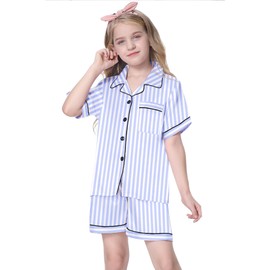 Schbbbta - Pijama de satén para mujer, 2 piezas, ropa de dormir de seda, para niños, regalo para mamá y yo, Rayas azul marino claro, 7-8 Años