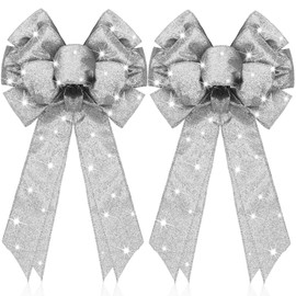 Giegxin 2 Pcs Lighted Christmas Bows LED Wreath Bow Xmas Burlap Bow LED Lights Bow Winter Door Wall Decor Christmas Tree Topper for Indoor Outdoor Winter (Silver,Shine Style)