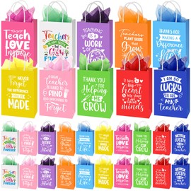 Skyygemm 50 Pcs Teacher Appreciation Gift Bags with Handles Paper Goodie Candy Bags with Tissue Paper for Teacher's Day Graduation Birthday Christmas Party Supplies, Assorted 10 Color
