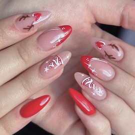 Christmas Press on Nails Short Fake Nails with Red French Love Elk Christmas Tree Design,Glossy Nude False Nails Glitter Full Cover Stick on Nails Acrylic Xmas Winter Artificial Nails for Women 24Pcs