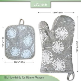Linen Cotton BBQ Gloves and Oven Mitts Set Oven Mitts for Baking Cooking BBQ White Daisy Design Washable Oven Mitts (Grey)