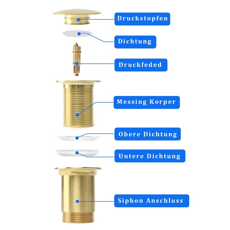 Universal Drain Fitting with Overflow, Pop-Up Drain Valve Made of