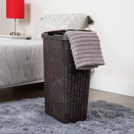 Mind Reader 40L Slim Laundry Hamper, Clothes Basket, Lid, Wicker Design, Plastic, 18"L x 10.4"W x 23.5"H, Set of 2, Brown