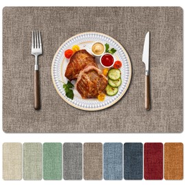 Enaskv Faux Leather Heat Resistant Placemats Set of 6 – Waterproof Oilproof Wipeable Dining PU Place Mat Easy Clean Table Mats for Kitchen/Dining/Party/Holiday, Khaki