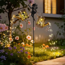 LOVERUIS Solar Outdoor Watering Can Lights，IP65 Waterproof Two Solar Laterns with Fairy Shepherd Hook，Hanging Yard Lights for Patio Lawn Pathway Decoration，Unique Garden Gifts for Women