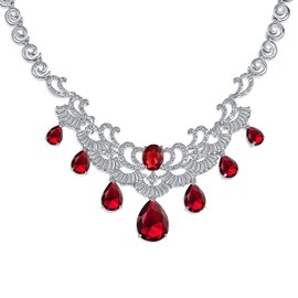 Vintage Estate Jewelry Art Deco Style Baguette AAA CZ Simulated Ruby Red Large Dangling Teardrops Bib Statement Bridal Collar Necklace for Women, Wedding