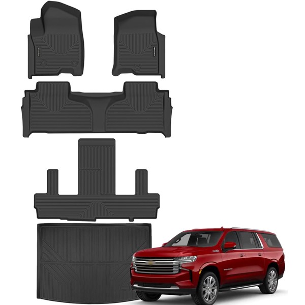 NIKALAIKA Floor Mats & Cargo Liner for 2021-2024 Chevrolet/Chevy Suburban/GMC Yukon XL 7 Seats All Weather Protection TPE Rubber Full Set Automotive Floor Liners Accessories (2nd Row Bucket Seats)