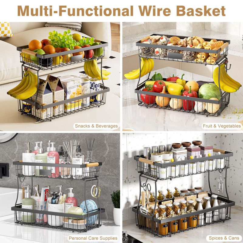 VANZBON 2 Tier Fruit Basket for Kitchen Counter,Wire Tiered Fruit