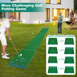 Chriiena Golf Putting Mat, Extendable Practice Golf Pong-Game Set with 4 connectable Putting Pads,Includes 8pcs Golf Balls and Portable Bag for Indoor Outdoor Party Game Use (Blue)