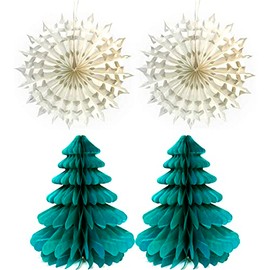 By Robelli Christmas Pack of 4 Festive 3D Paper Honeycomb Concertinas - Xmas Tree & Snowflakes