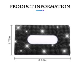 BLAU GRUN Bling Car Sun Visor Tissue Box Holder, Rhinestone PU Leather Crystal Sparkling Napkin Holder, Backseat Paper Towel Cover Case Car Accessories for Women (Black)