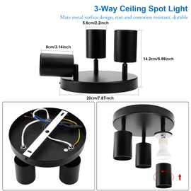 Klighten 3 Way Ceiling Spotlights Rotatable GU10 Ceiling Spots, GU10 Sockets, Adjustable Ceiling Spots for Kitchen Living Room Bedroom Dining Room, Black, Bulbs not Included