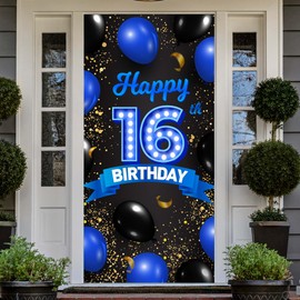 Happy 16th Birthday Blue and Black Banner Backdrop Cheers to 16 Years Old Confetti Balloons Theme Decor for Girls 16 Years Old Birthday Party Decorations Bday Supplies Gift Background Favors Glitter