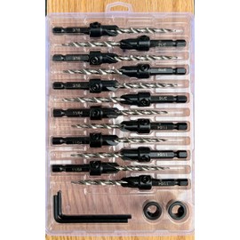 FTG USA Countersink Drill Bit Set 6 Pc #8 (11/64"), 6 Pc #10 (3/16") Tapered Countersink Bit, Stop Collar, Hex Wrench, Woodworking Countersink Drill Bits