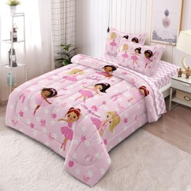 SIRDO Twin Bedding Set for Girls Kids 5 Pieces Comforter Sets Bed in a Bag Pink Floral Ballerina Bedding Comforter Sheet Set Cute Bedroom Decor