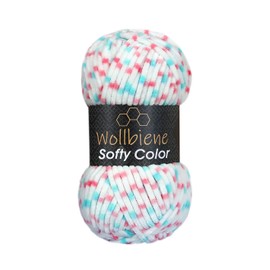 Wollbiene Softy Colour 100 g Chenille Wool Knitting Wool, Multicoloured, 100 g Wool Super Bulky (117 White Pink Petrol)