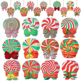 36 Pcs Wood Peppermint Christmas Tree Ornaments with Rope, Lollipop Christmas Candy Ornaments Hanging Decorations for Christmas Tree Winter New Year Party Decor, Candy Themed Party Supplies