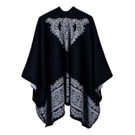Women's Vintage Pattern Open Front Poncho Cape Shawl Winter Shawl Wraps (Series 1-Black)