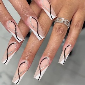 Press on Nails Medium Long Coffin BAOYAALIN, White Fake Nails with Glitter Swirl Design Gel Glue on Nails for Women Girls Full Cover Acrylic Artificial False Stick on Nail for Wedding 24Pcs