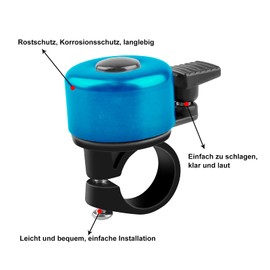 ADOGO Bicycle Bell, Loud and Clear, Fluium Alloy Bicycle Bell, Loud for Mountain Bike, City Bike, Road Bike, 22.2 mm - 22.8 mm Handlebar (Blue)