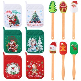 Zhehao 12 Pcs Christmas Silicone Spatulas Pot Holders Set Heat Resistant Pot Holders with Pocket Baking Gifts for Christmas Gift Party Supplies (Vibrant Christmas Style)
