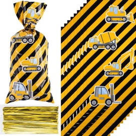 Gejoy 100 Pieces Construction Party Favor Bags Truck Themed Candy Treat Gift Construction Theme Cellophane Bags with 100 Pieces Golden Twist Ties for Kids Boys Party Supplies Decorations