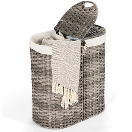 MAT EXPERT Rattan Laundry Hampers, Laundry Baskets with 2 Detachable Canvas Bags, Divided Laundry Hamper with Lids & Handles, Handwoven Oval Landry Bin, Clothes Hamper for Laundry Room/Bedroom (Grey)