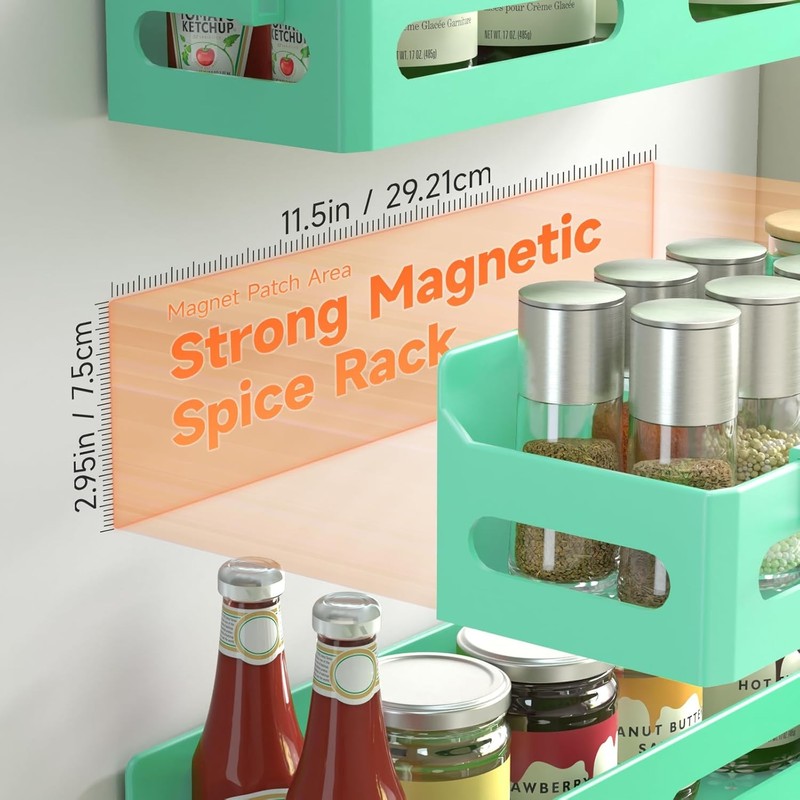 Sevenblue 4-Pack Magnetic Spice Rack for Refrigerator with Hooks, Green