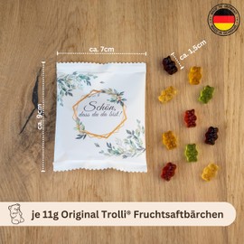 Lucky Treats - Schön dass du da bist Fruit Gum Pack - Pack of 50 - White Matt - Eucalyptus Decoration - Gummy Bears Party Favours Wedding Christening Birthday - Made in Germany