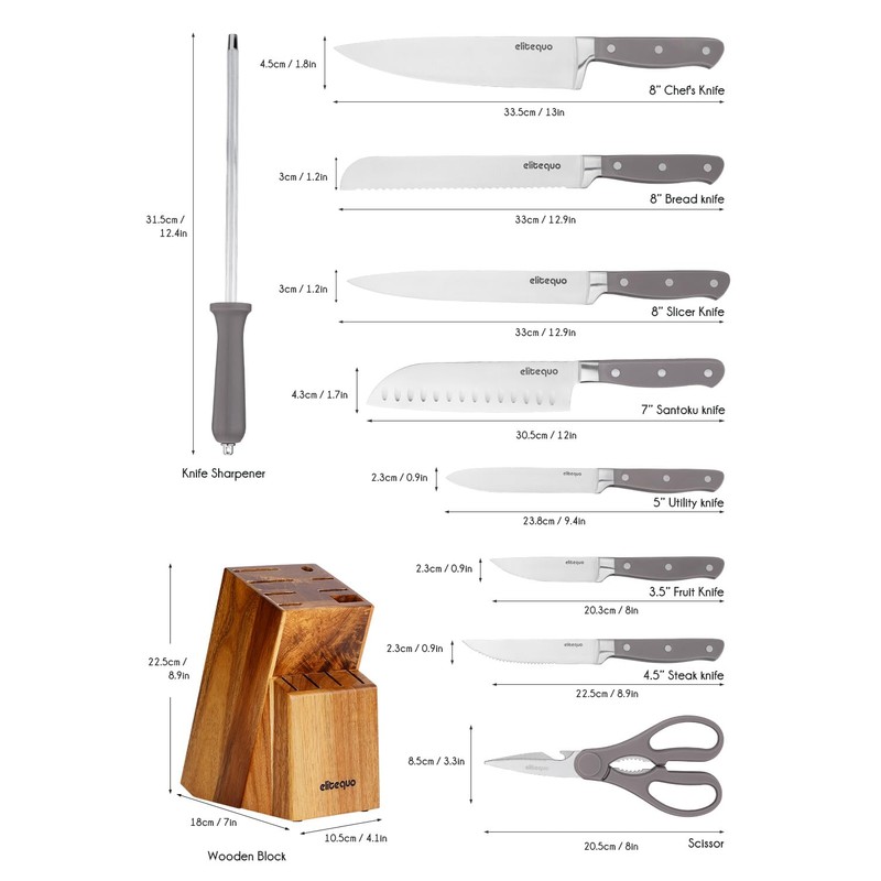 elitequo 13 pieces Kitchen Knife Block Set with Sharpener,Dishwasher Safe,German