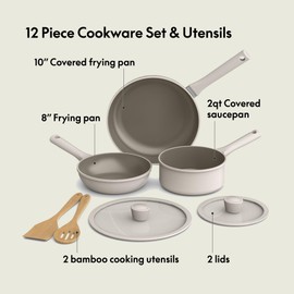 bella 7 Piece Cookware Set with EverGood™ Ceramic Nonstick Coating​, Dishwasher Safe Oven Safe, All Stovetops Compatible, Glass Lids with Silicone Rims, Cool Touch Handles, Oatmilk