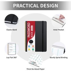 Spiral Password Book with Individual Alphabetical Tabs, Hardcover Password Keeper Book for Seniors, Password Notebook for Home or Office & Website Address Login-Black, 5.7" x 7.7"