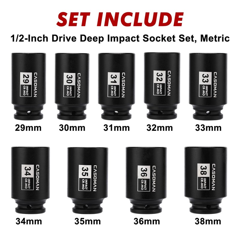CASOMAN large socket set 1/2- Inch Drive Deep Spindle Axle