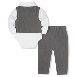 Juivesia Baby Boy Clothes Suits Infant Gentleman Wedding Outfit Formal Dress Shirt Vest Bowtie Pants 4Pcs Baby Suit Sets (Gray, 0-3 Months)