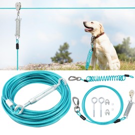 Dog Runner for Yard, Double Shock Absorption Dog Trolley System for Large Dogs, Heavy Duty 50FT Dog Tie Out Run Cable with 10FT Dog Leads, for Dogs Up to 250LBS,Aerial Dog Zipline for Outside,Camping