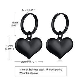 Heart Love Dangle Drop Endless Small Hoop Stainless Steel Earrings For Women Girls Minimalist Dangling Round Circle Huggie Hoops Dainty Punk Hanging Jewelry Gifts for Her lover Wife Birthday (Black)