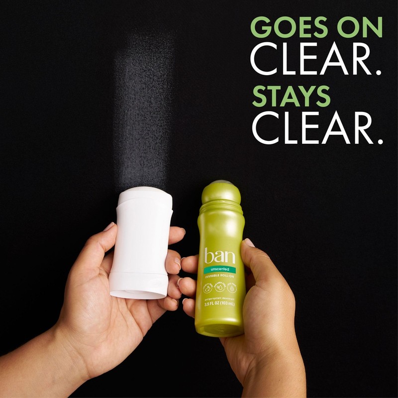 Ban Invisible Roll-on Antiperspirant Deodorant for Women and Men, 24-hour